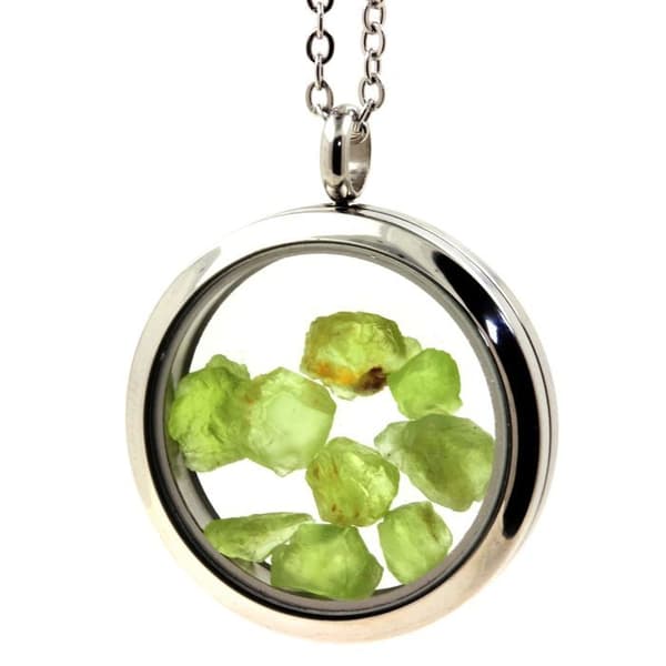 Collier - ABIJOUX - Rå peridot - Medaillon 20 mm - Rostfritt stål - Silverfärgad