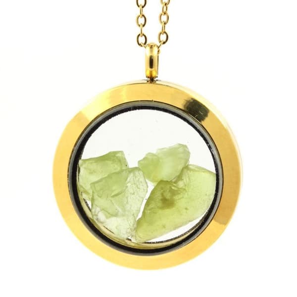 Collier - ABIJOUX - Rå peridot - Medaillon 25 mm - Rostfritt stål - Färg Guld