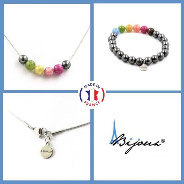 Stenar och mineraler. Armband Halsband Set Flerfärgade turmalinpärlor + hematit 8 mm. Anpassningsbar storlek.
