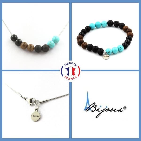 Stenar och mineraler. Howlite Turkos pärlor Armband Halsband Set + Lava + svart agat Anpassningsbar storlek.