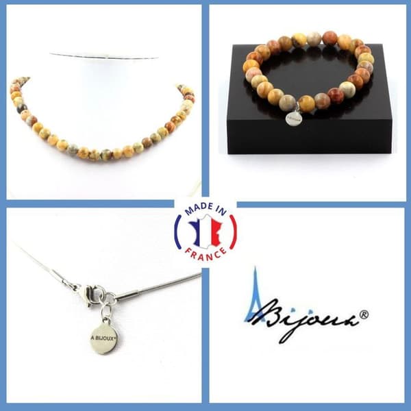 Stenar och mineraler. Smyckesset Armband Halsband Agate crazy spetspärlor 8 mm. Kedja i anpassningsbar storlek.