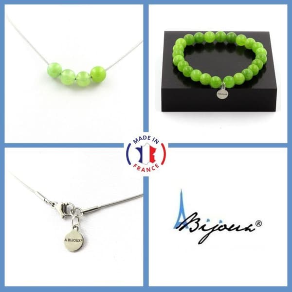 Stenar och mineraler. Smyckesset Armband Halsband 4 Peridot pärlor 8 mm. Stålkedja Anpassningsbar storlek.