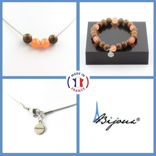 Parure smycken - Ett Smycken - Halsband och Armband - Träperlor - Orange kalcedon - Anpassningsbar storlek