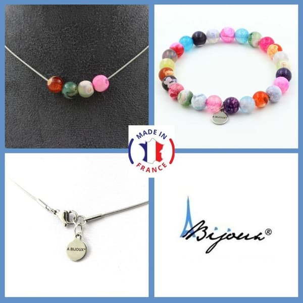 Stenar och mineraler. Smyckesset Armband Halsband 4 pärlor Cracked Agate Fuchsia Anpassningsbar storlek.
