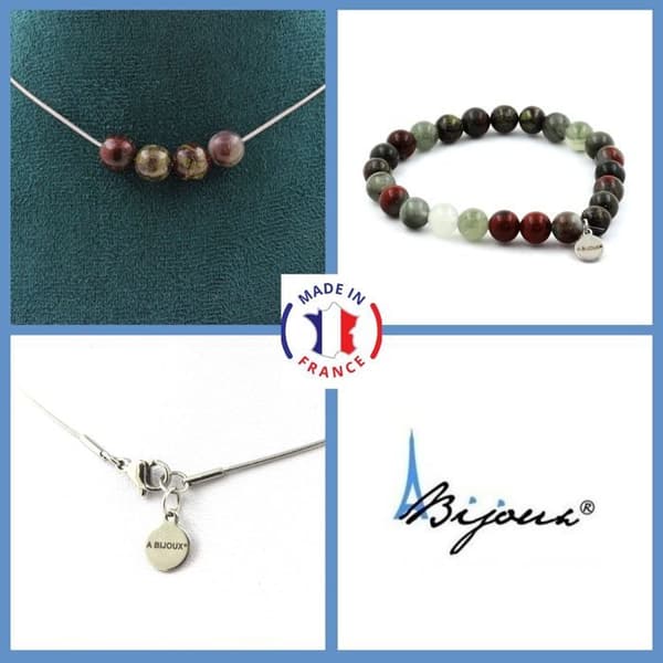 Stenar och mineraler. Smyckesset Armband Halsband 4 Dragon's Blood Jasper Beads 8 mm. Anpassningsbar storlek.