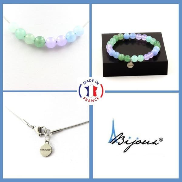 Stenar och mineraler. Lavendel Kalcedon + Akvamarin pärlarmband Halsband Set + Anpassningsbar storlek.