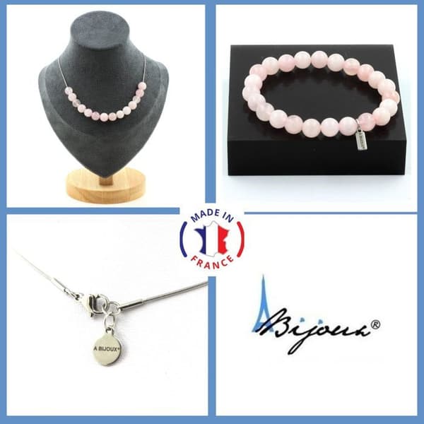 Stenar och mineraler. Smyckesset Armband Halsband 15 rosa kvartspärlor 8 mm. Kedja i anpassningsbar storlek.