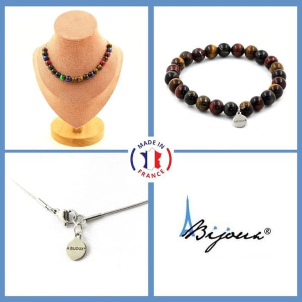 Stenar och mineraler. Smyckesset Armband Halsband 20 Multicolored Tiger Eye Beads 8 Anpassningsbar storlek.