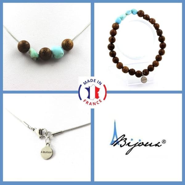 Stenar och mineraler. Smyckesset Armband Halsband 8 mm träpärlor + Larimar av anpassningsbar storlek.