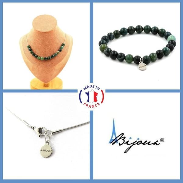 Stenar och mineraler. Smyckesset Armband Halsband 15 Moss Agate Beads 8 mm. Kedja i anpassningsbar storlek.