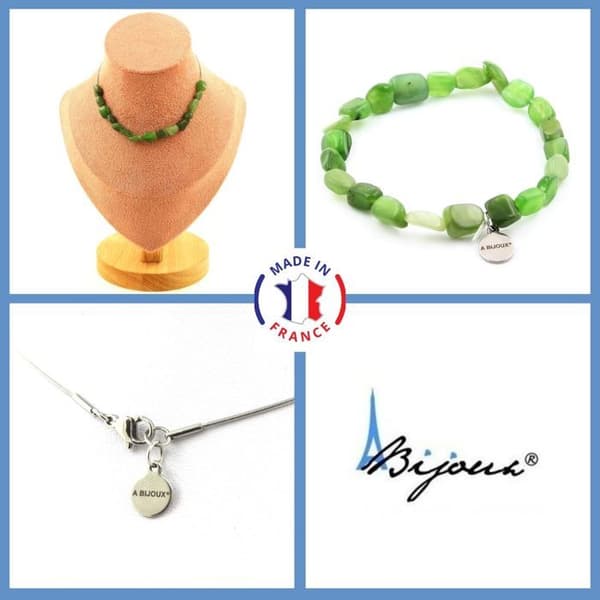 Stenar och mineraler. Smyckesset Armband Halsband 15 Siberian Nephrite Jade pärlor Anpassningsbar storlek.