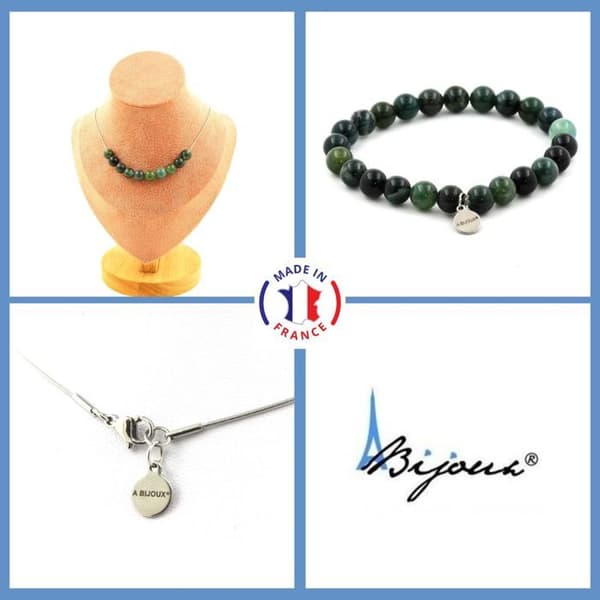 Stenar och mineraler. Smyckesset Armband Halsband 10 Moss Agate Beads 8 mm. Kedja i anpassningsbar storlek.