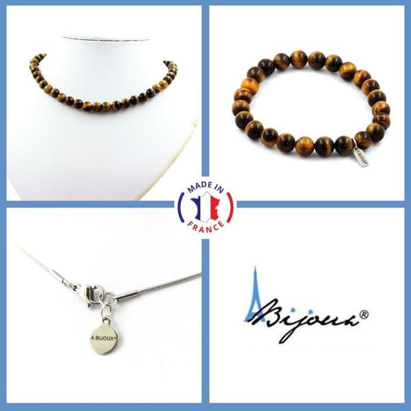 Stenar och mineraler. Smyckesset Armband Halsband Tiger Eye Beads 8 mm. Kedja i anpassningsbar storlek.