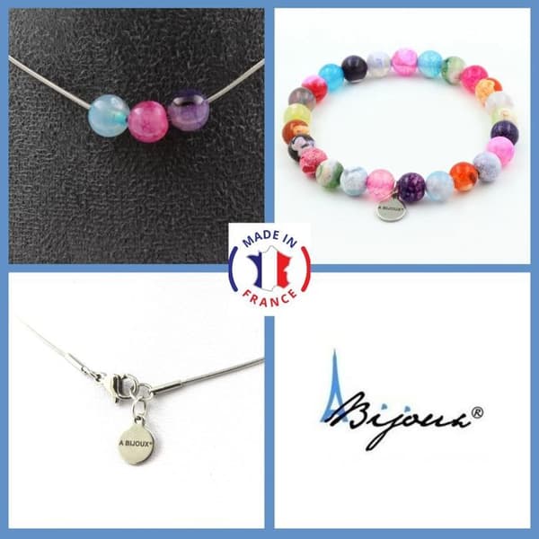 Stenar och mineraler. Smyckesset Armband Halsband 3 pärlor Cracked Agate Fuchsia Anpassningsbar storlek.