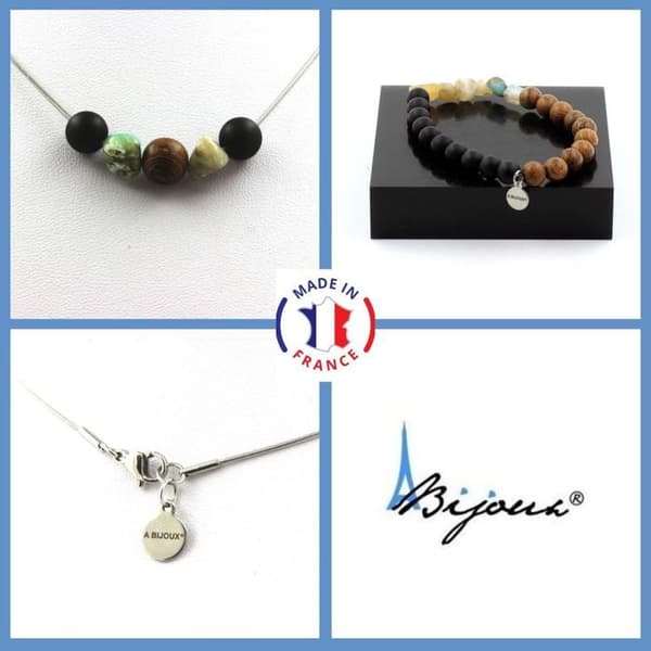 Parure smycken - Ett Smycke - Armband och Halsband - Träperlor - Matt svart onyx - Mångfärgad opal