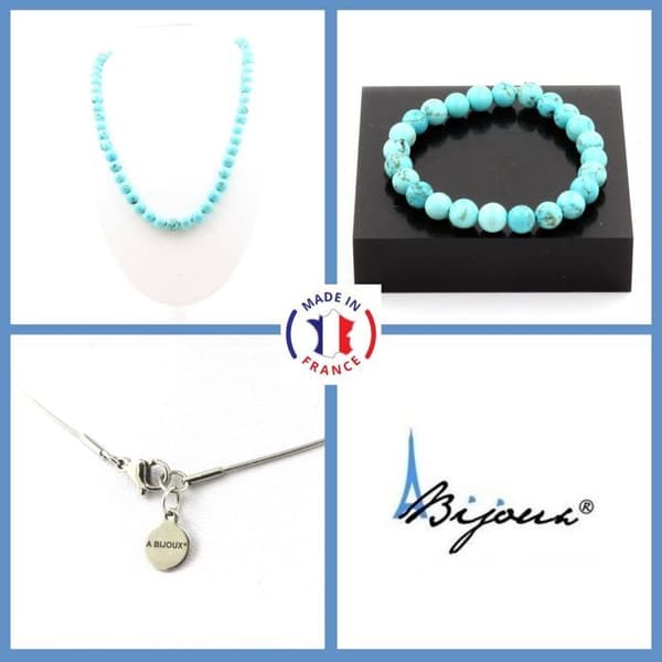 Stenar och mineraler. Smyckesset Armband Halsband Turkos Howlite Beads 8 mm. Kedja Anpassningsbar storlek.
