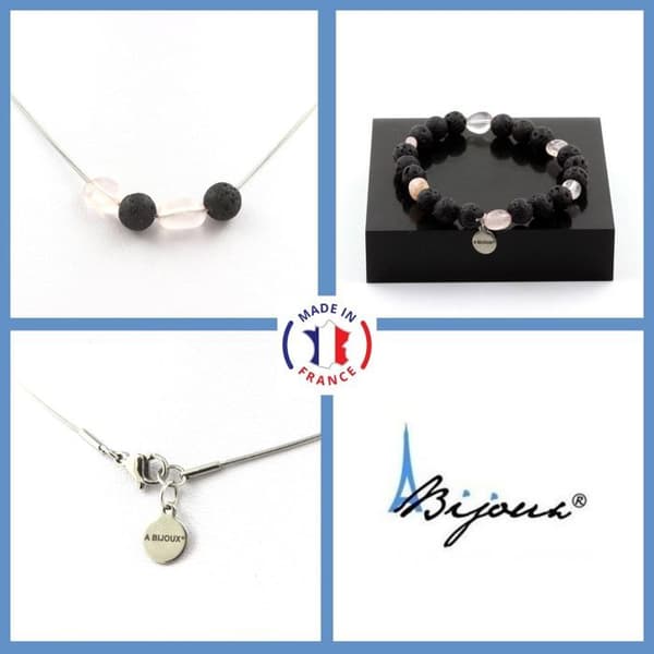 Stenar och mineraler. Smyckesset Armband Halsband 4 8 mm Lava pärlor + Rose Quartz Anpassningsbar storlek.