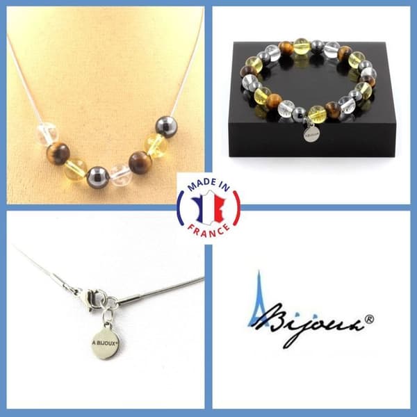 Stenar och mineraler. Smyckesset Armband Halsband Tiger Eye Beads + Citrine + Quartz Anpassningsbar storlek.