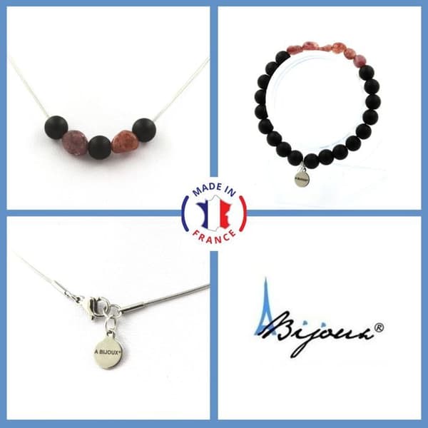 Stenar och mineraler. Smyckesset Armband Halsband Mattsvart Onyxpärlor 8 mm + Ruby Anpassningsbar storlek.
