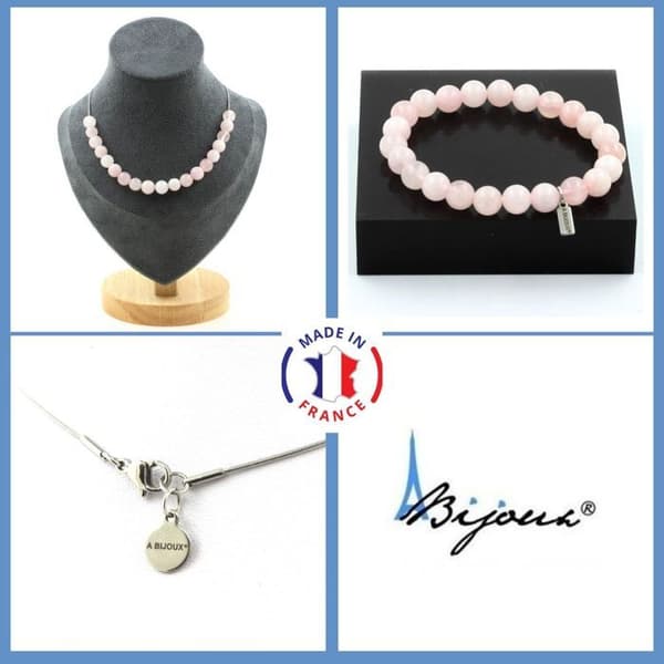 Parure smycken - Ett Smycke - Armband och Halsband - Rosenkvarts 8 mm - Rostfritt stål - Tillverkat i Frankrike