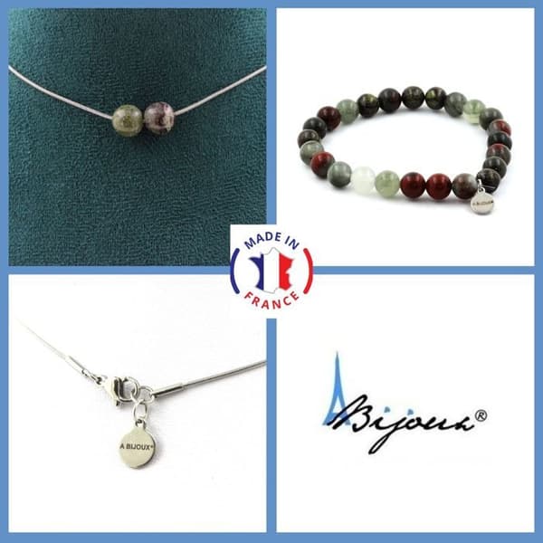 Stenar och mineraler. Smyckesset Armband Halsband 2 Dragon's Blood Jasper Beads 8 mm. Anpassningsbar storlek.