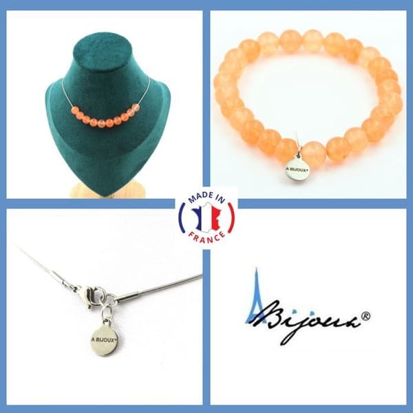 Stenar och mineraler. Smyckesset Armband Halsband 10 Orange Kalcedonpärlor 8 mm. Anpassningsbar storlek.