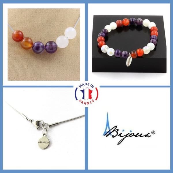 Stenar och mineraler. Smyckesset Armband Halsband pärlor Ribboned Agate + Ametist + Anpassningsbar storlek.