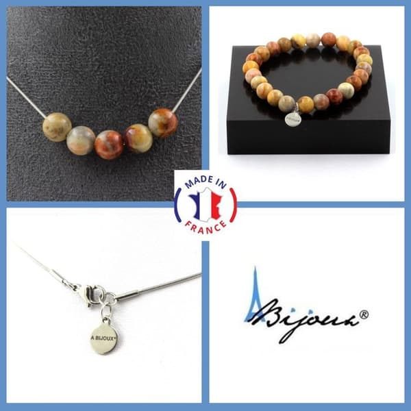 Stenar och mineraler. Smyckesset Armband Halsband 5 Agate crazy spetspärlor 8 mm. Kedja Anpassningsbar storlek.