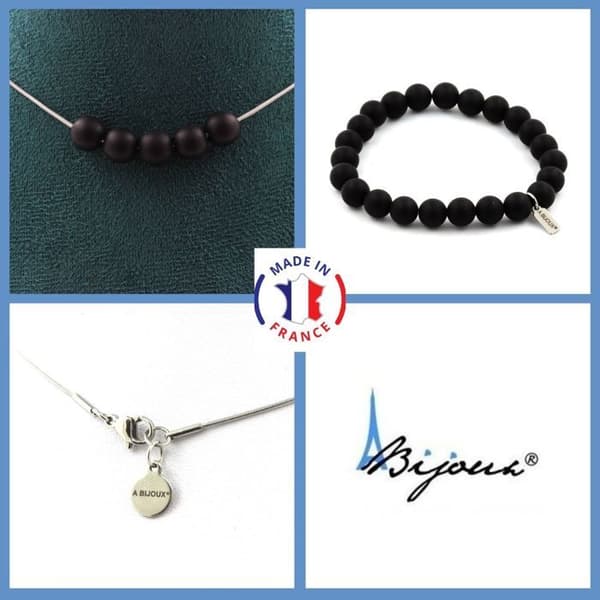 Stenar och mineraler. Smyckesset Armband Halsband 15 mattsvarta Onyxpärlor 8 mm. Kedja i anpassningsbar storlek.