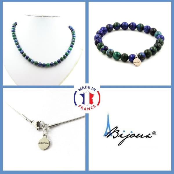 Stenar och mineraler. Smyckesset Armband Halsband Azurite Chrysocolla pärlor 8 mm. Kedja Anpassningsbar storlek.