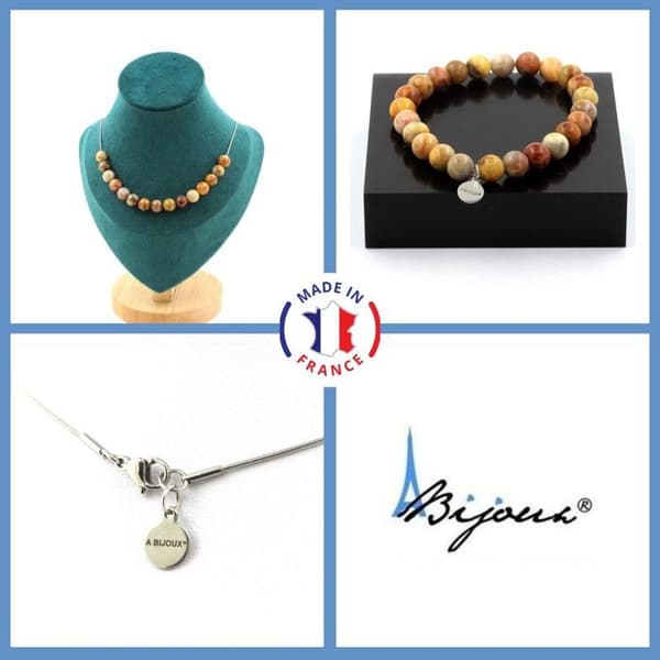 Stenar och mineraler. Smyckesset Armband Halsband 15 Agate crazy spetspärlor 8 mm. Kedja Anpassningsbar storlek.