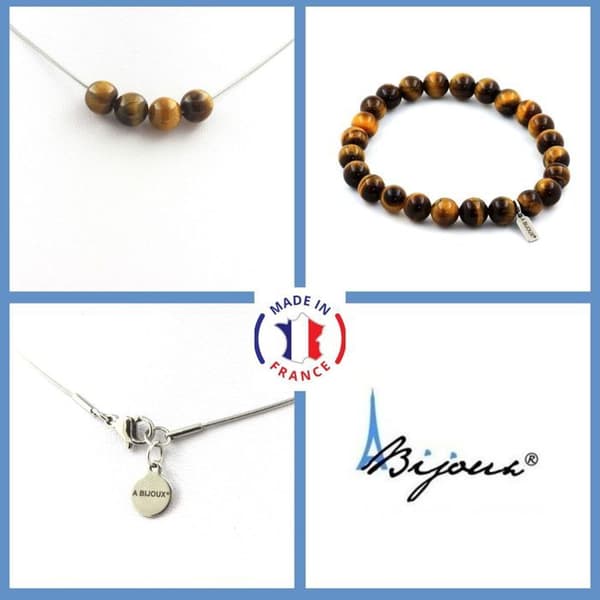 Stenar och mineraler. Smyckesset Armband Halsband 4 Tiger Eye pärlor 8 mm. Kedja i anpassningsbar storlek.