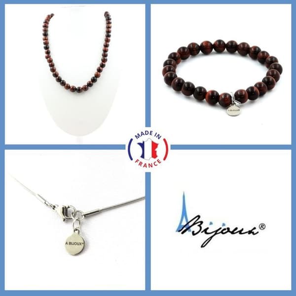 Stenar och mineraler. Smyckesset Armband Halsband Red Tiger Eye Beads 8 mm. Kedja Anpassningsbar storlek.