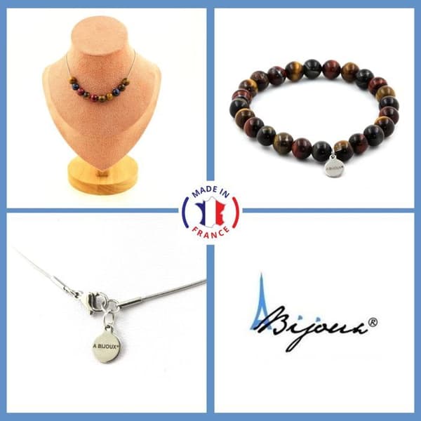 Stenar och mineraler. Smyckesset Armband Halsband 10 Multicolored Tiger Eye Beads 8 Anpassningsbar storlek.