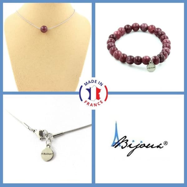Stenar och mineraler. Smyckesset Armband Halsband 1 Lepidolite Bead 8 mm. Kedja i anpassningsbar storlek.