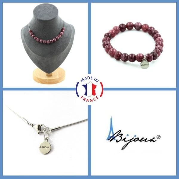 Stenar och mineraler. Smyckesset Armband Halsband 15 Lepidolite Pärlor 8 mm. Kedja i anpassningsbar storlek.