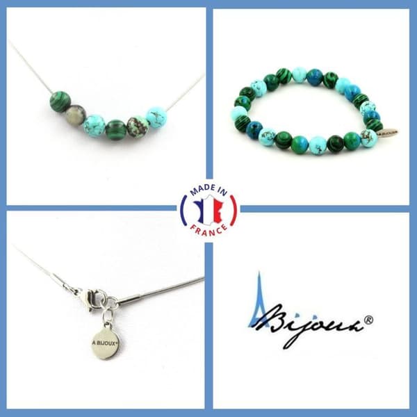 Parure - Ett smycke - Armband och halsband - Krysokolla från Namibia - Howlite turkos - Rostfritt stål