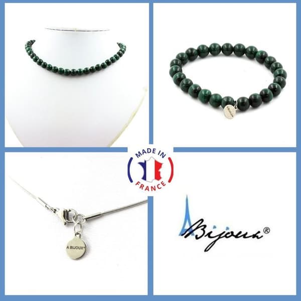 Parure smycken - A Bijoux - Malakit från Kongo - Armband och Halsband - 8 mm - Rostfritt stål