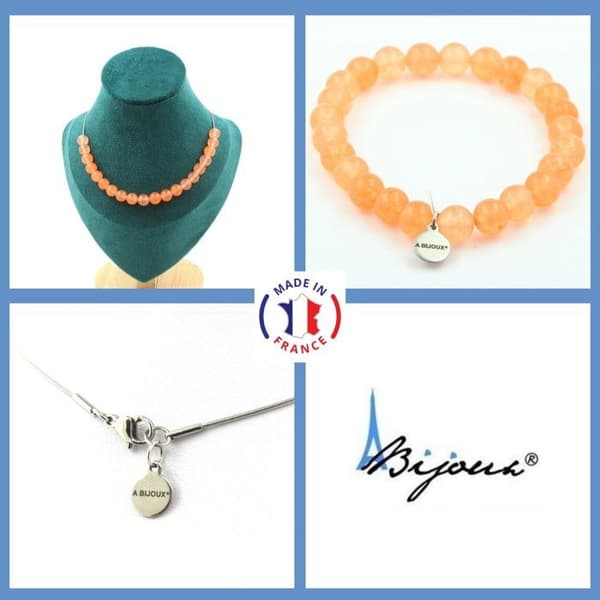 Stenar och mineraler. Smyckesset Armband Halsband 20 Orange Kalcedonpärlor 8 mm. Anpassningsbar storlek.