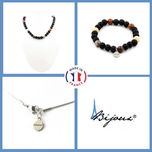 Stenar och mineraler. Smyckesset Armband Halsband Petrified wood pärlor + Mattsvart onyx 8 Anpassningsbar storlek.