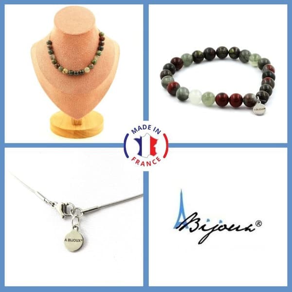 Stenar och mineraler. Smyckesset Armband Halsband 20 Dragon's Blood Jaspispärlor 8 mm. Anpassningsbar storlek.