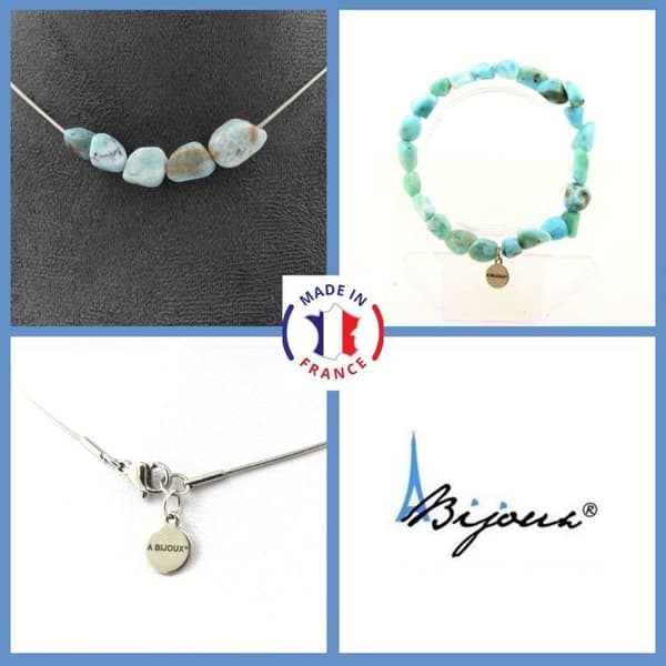 Stenar och mineraler. Smyckesset Armband Halsband 5 Larimar pärlor från République Anpassningsbar storlek.