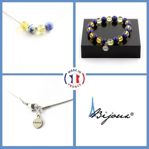 Stenar och mineraler. Smyckesset Armband Halsband 4 Lapis Lazuli-pärlor från Pakistan + Anpassningsbar storlek.
