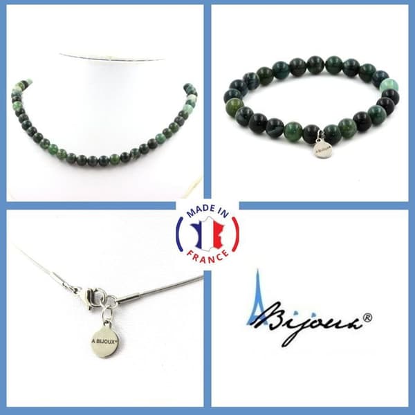 Stenar och mineraler. Smyckesset Armband Halsband pärlor Moss Agate 8 mm. Kedja i anpassningsbar storlek.
