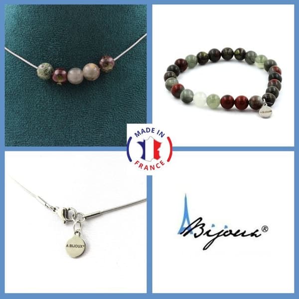 Stenar och mineraler. Smyckesset Armband Halsband 5 Dragon's Blood Jasper Beads 8 mm. Anpassningsbar storlek.