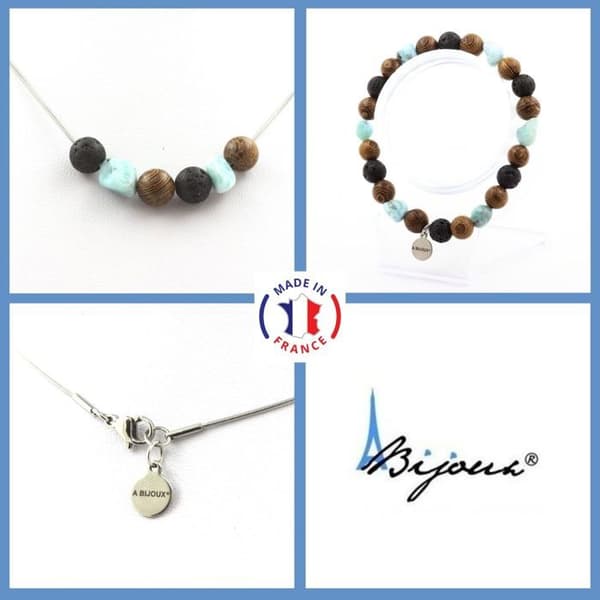Stenar och mineraler. Smyckesset Armband Halsband träpärlor + Lava + Larimar i anpassningsbar storlek.