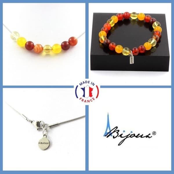 Stenar och mineraler. Smyckesset Armband Halsband Pärlor Ribboned Agate + Yellow Agate + Anpassningsbar storlek.