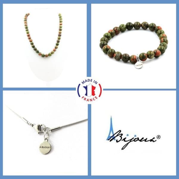 Stenar och mineraler. Smyckesset Armband Halsband Unakite Beads 8 mm. Stålkedja Anpassningsbar storlek.