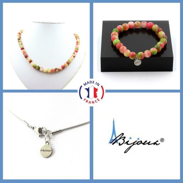 Stenar och mineraler. Smyckesset Armband Halsband Vattenmelon Tourmaline Beads 8 mm. Anpassningsbar storlek.