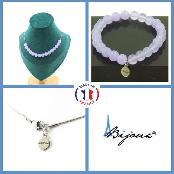 Stenar och mineraler. Smyckesset Armband Halsband 15 Lavendel Kalcedonpärlor 8 mm. Anpassningsbar storlek.